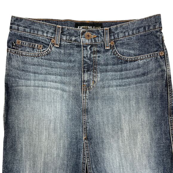 Express Y2K Low Rise Jean Skirt Size 5/6 Faded Denim Knee Length Bareback USA - Picture 5 of 9